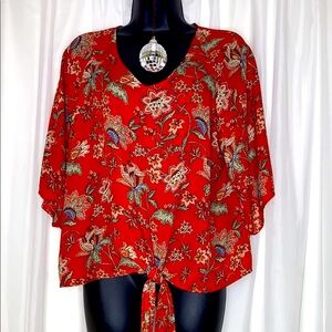 Como Vintage Red Flutter Sleeve Blouse with Tie Front